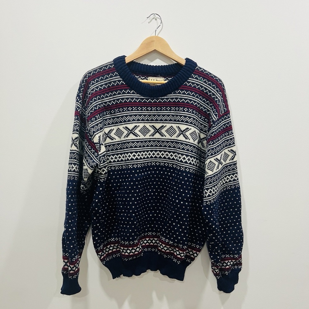 LL Bean Norwegian 100% Pure Wool Sweater VTG 1980  Xmas Large Fair Isle Blue Red